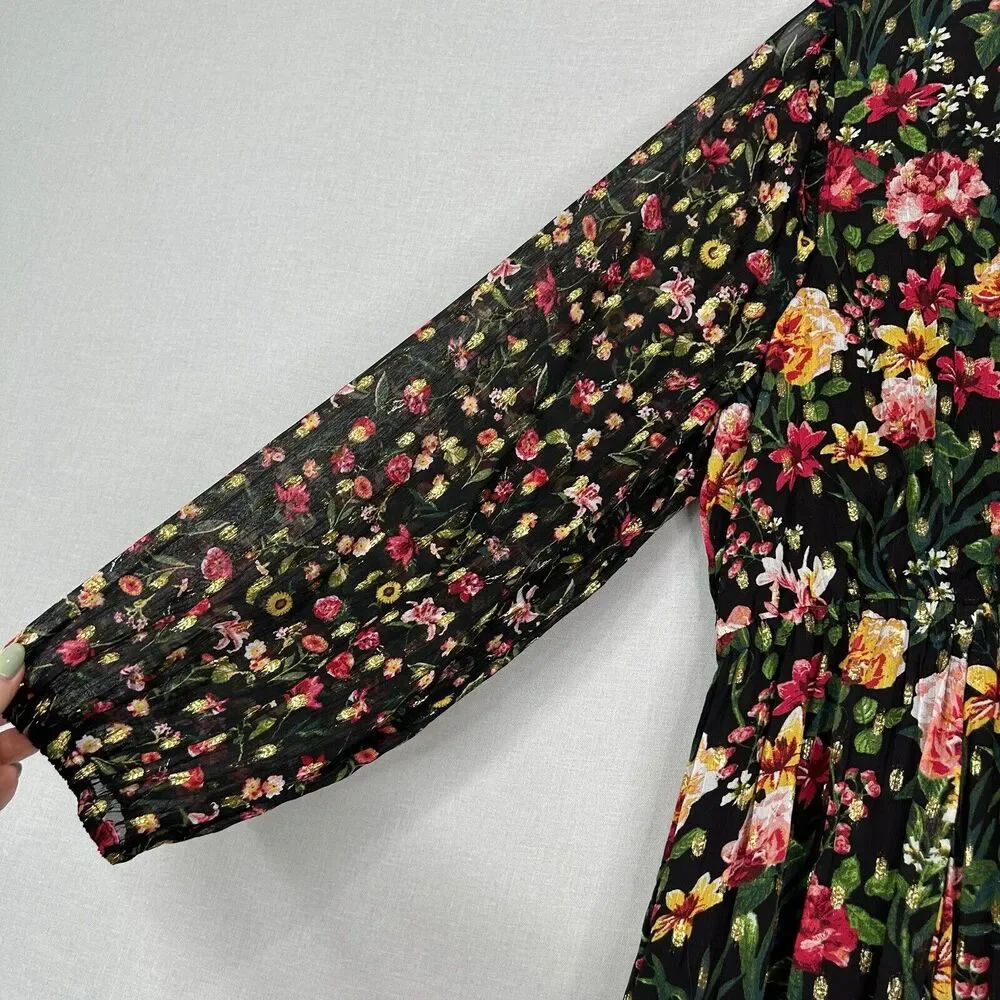 J.Crew Tie Front Floral Maxi Dress Womens Dress XL Black Cottage Prairie Boho